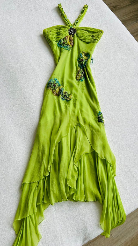 Green Straps Sheath Beading Chiffon Vintage Long Evening Party Dress, D572