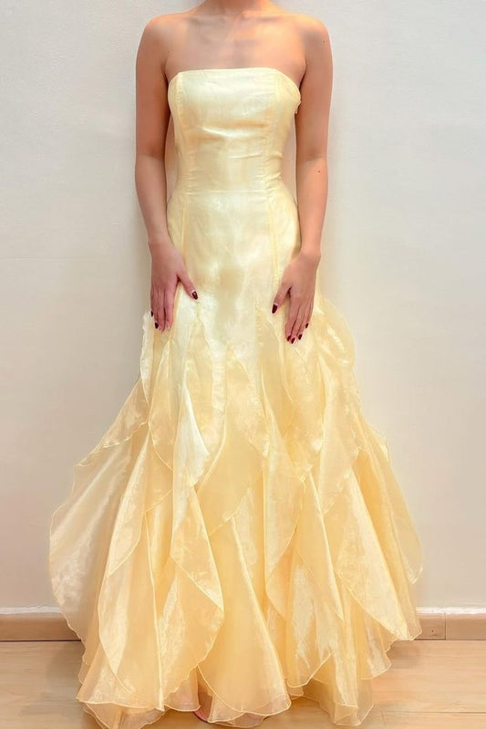 Light Yellow Strapless A-Line Ruffles Long Party Dress Formal Evening Dress, D582