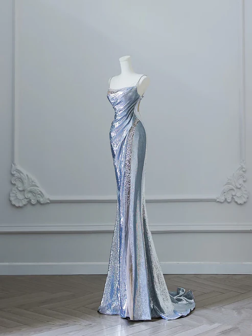 Silver Straps Mermaid Sequins Long Prom Dress Sexy Evening Gown, D597