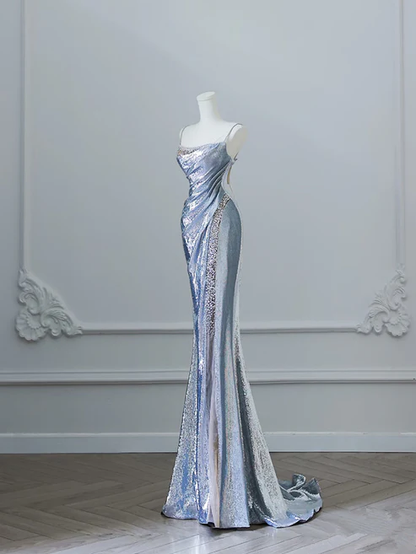 Silver Straps Mermaid Sequins Long Prom Dress Sexy Evening Gown, D597