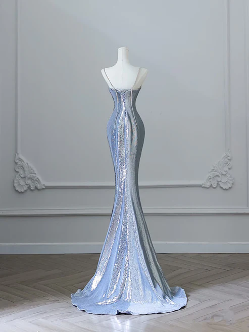 Silver Straps Mermaid Sequins Long Prom Dress Sexy Evening Gown, D597