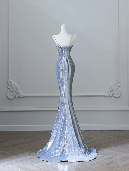 Silver Straps Mermaid Sequins Long Prom Dress Sexy Evening Gown, D597