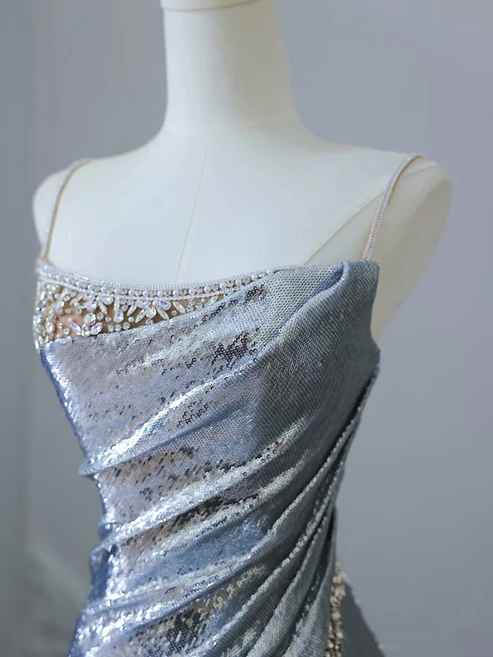 Silver Straps Mermaid Sequins Long Prom Dress Sexy Evening Gown, D597