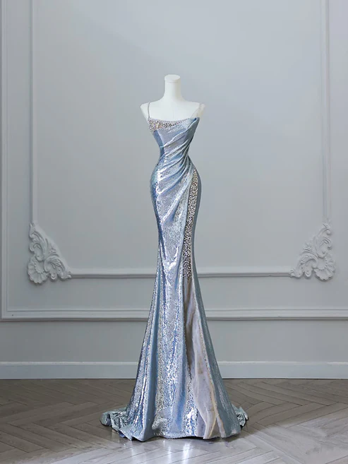 Silver Straps Mermaid Sequins Long Prom Dress Sexy Evening Gown, D597
