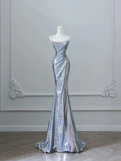 Silver Straps Mermaid Sequins Long Prom Dress Sexy Evening Gown, D597