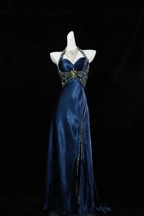 Navy Blue Halter A-Line Beading Satin Long Prom Dress Vintage Evening Dress, D598