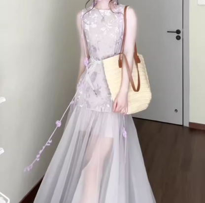 Purple mesh jacquard vest dress temperament waist A-line long skirt R0733