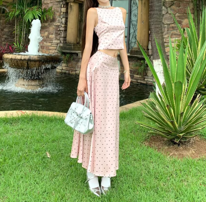 Pink polka dot suspender top two-piece set chic sweet and spicy skirt set R0822