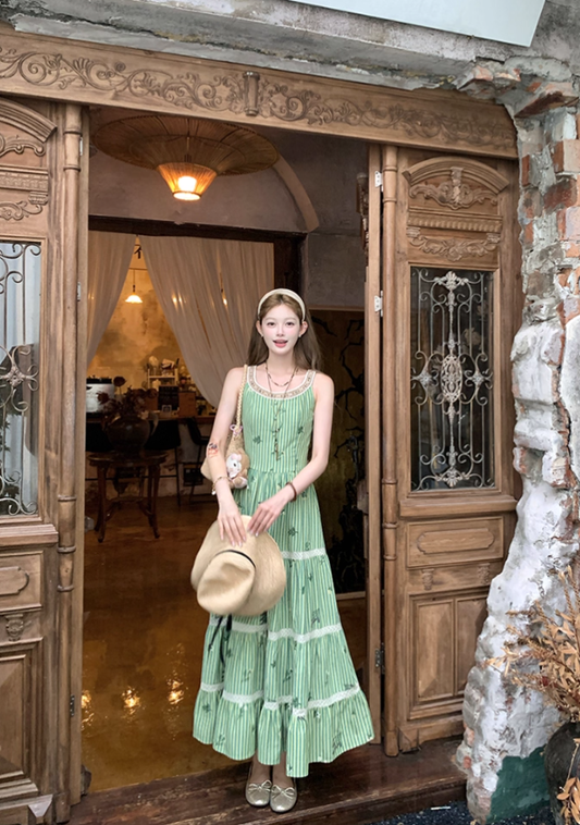 Green long round neck sleeveless suspender dress women's summer French temperament skirt R4742