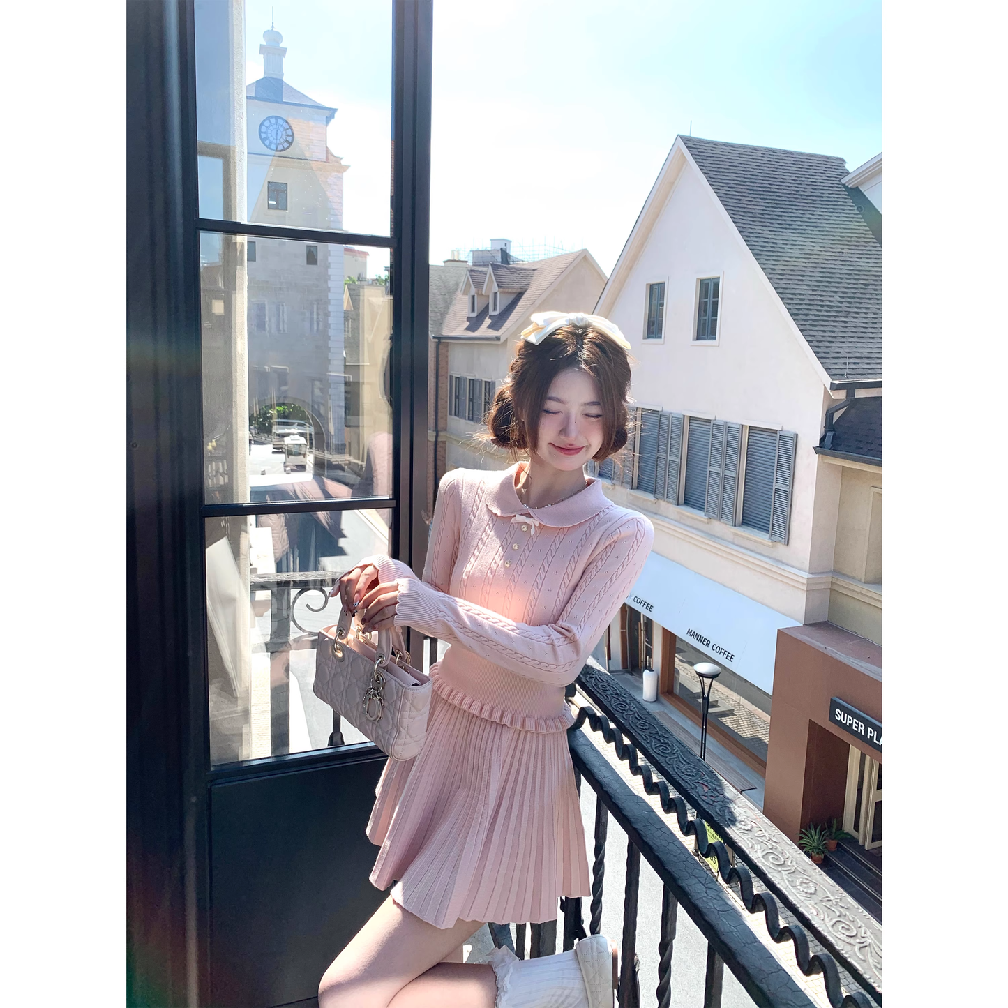 Pink long-sleeved knit sweater and skirt set - super cute autumn/winter outfit  A06