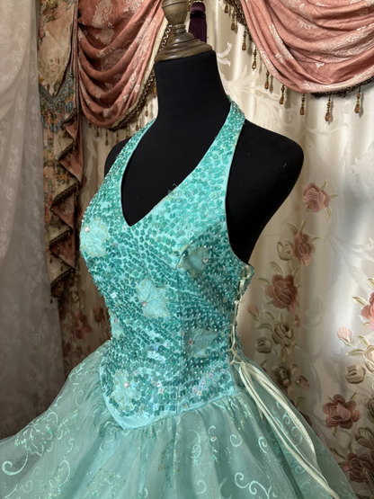 Tiffany Blue Halter A-Line Lace Sequins Vintage Long Prom Dress Evening Gown, D611