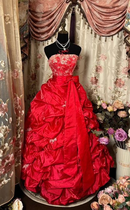 Retro Red Strapless A-Line Satin Vintage Long Party Dress Evening Gown, D616