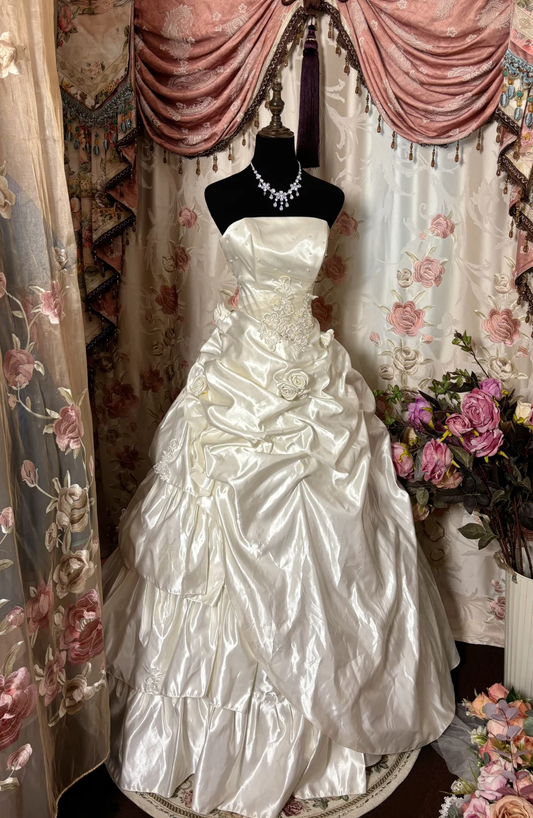 Retro Strapless A-Line Appliques Satin Long Prom Dress Vintage Wedding Dress, D618