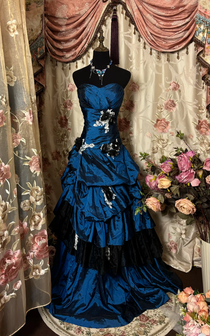 Navy Blue Sweetheart A-Line Satin Retro Long Party Dress Evening Gown, D620