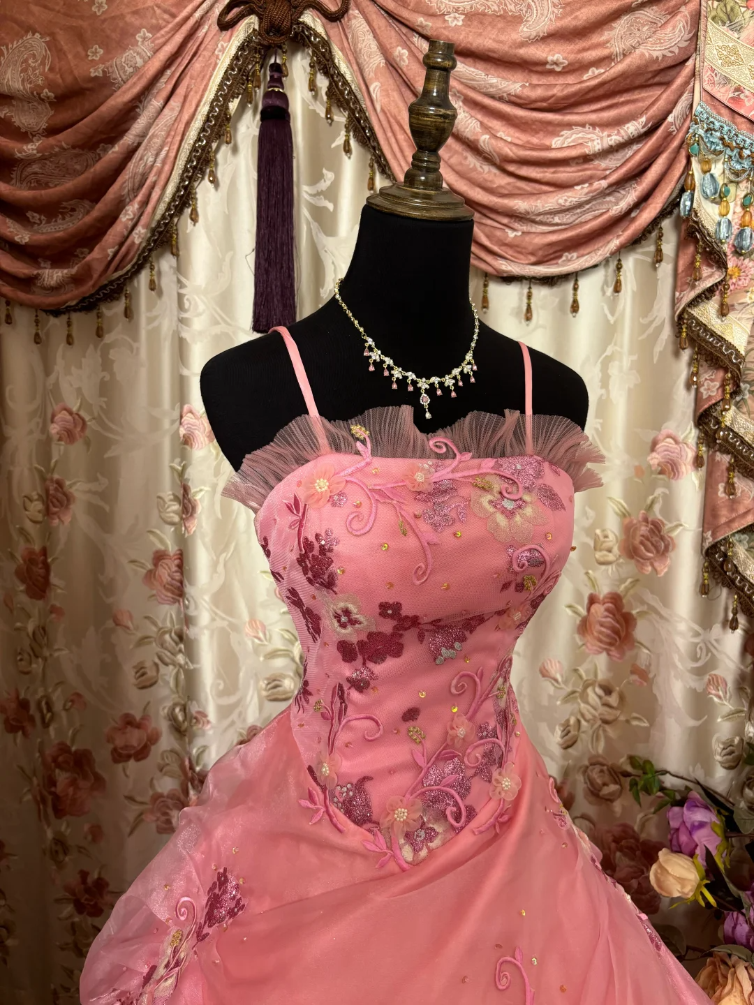 Pink Straps A-Line Satin Beading Retro Long Party Dress Evening Gown, D621