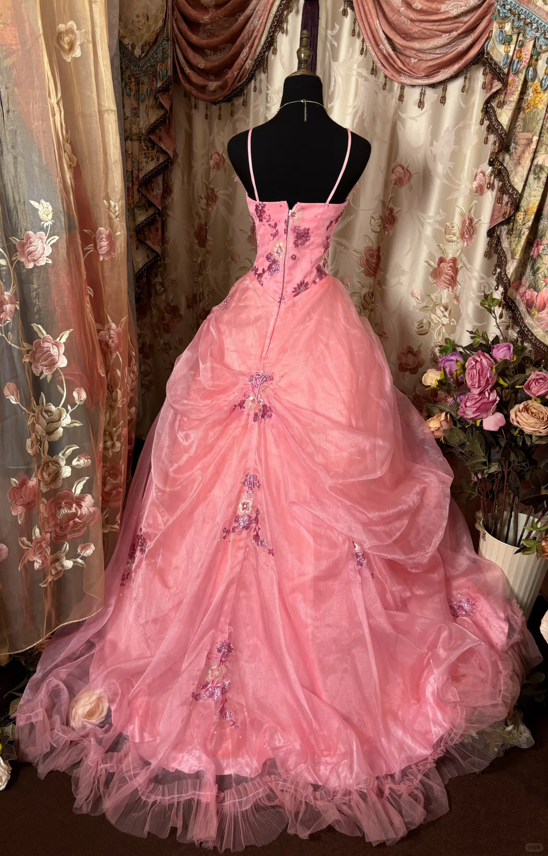 Pink Straps A-Line Satin Beading Retro Long Party Dress Evening Gown, D621