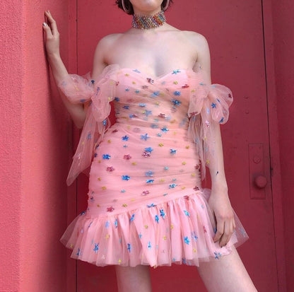 Pink cute one shoulder waist hip skirt homecoming dress R3578