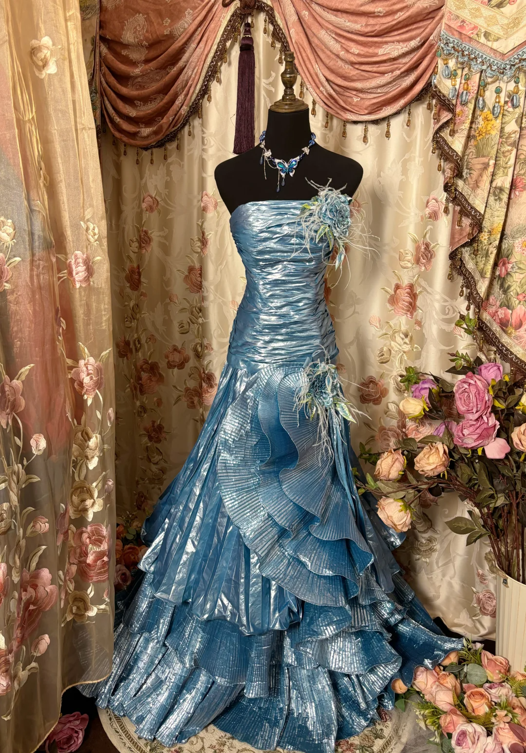 Blue Strapless A-Line Satin Tiered Retro Long Party Dress Evening Gown, D628