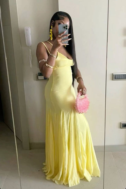 Sexy Yellow Spaghetti Straps Sheath Long Party Dress Wedding Guest Dress, D645