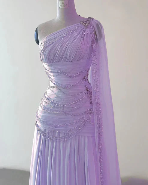 Pink One Shoulder A-Line Beading Chiffon Long Party Dress Formal Prom Dress, D649