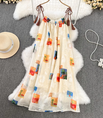 French retro temperament loose printed suspender skirt holiday beach skirt fashionable sleeveless dress R0363
