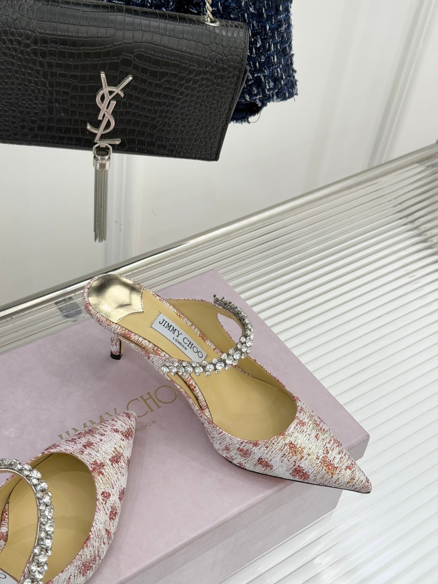 Jimmy Choo Classic Diamond Chain Point Toe Mules Light Pink Sheepskin 573547
