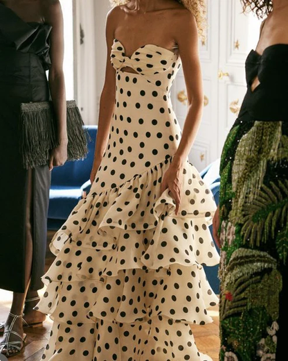 Retro Polka Dots Sweetheart Layers Long Prom Dress Chic Evening Gown, D657