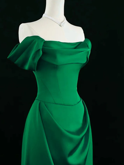 Elegant Green Off Shoulder A-Line Satin Long Formal Party Dress, D659