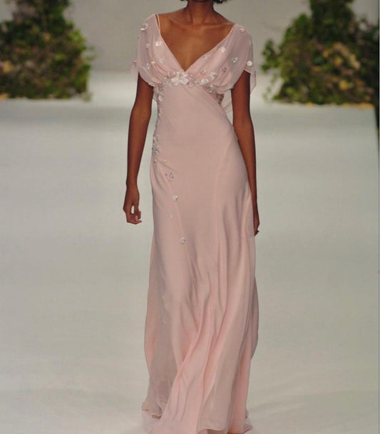 Light Pink V Neck Sheath Chiffon Vintage Long Evening Party Dress, D661