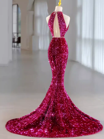 Elegant Fuchsia Halter Sequins Mermaid Long Evening Party Dress MD7494