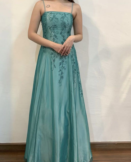 Green Straps A-Line Beading Satin Long Prom Dress Vintage Party Dress, D670