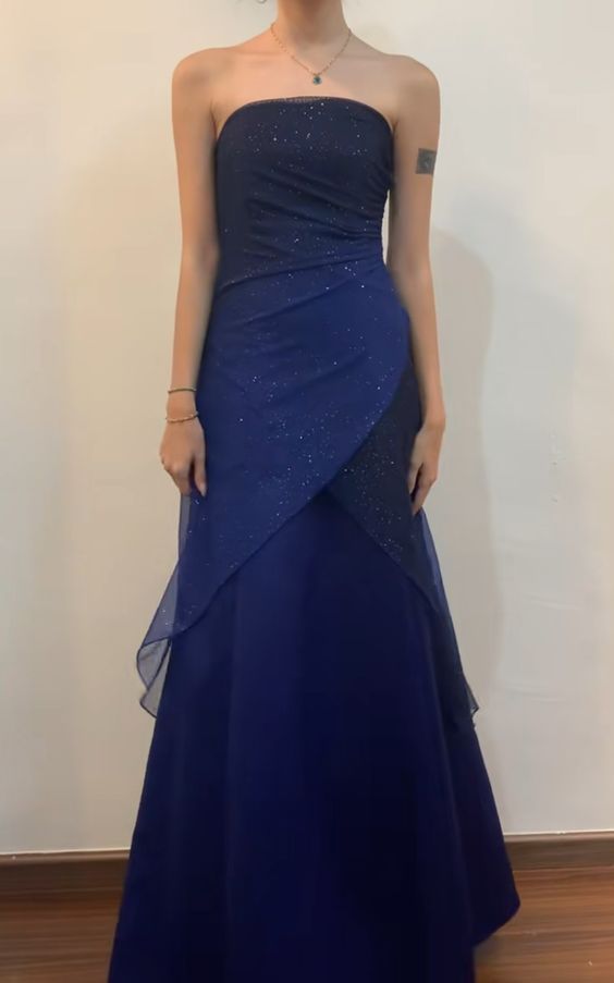 Dark Navy Strapless A-Line Chiffon Long Prom Dress Vintage Party Dress, D677
