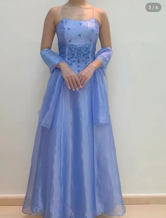 Lilac Spaghetti Straps A-Line Beading Long Prom Dress Vintage Party Dress, D676