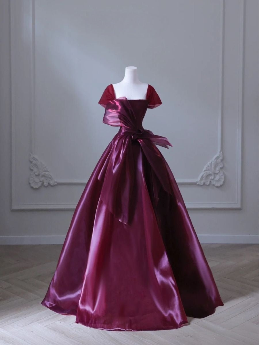 Elegant Burgundy A-Line Satin Long Formal Prom Dress Party Gown, D688