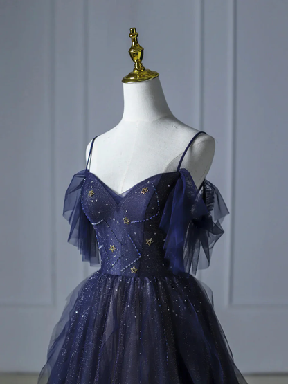 Elegant Green Straps Off Shoulder A-Line Tulle Long Formal Prom Dress, D692