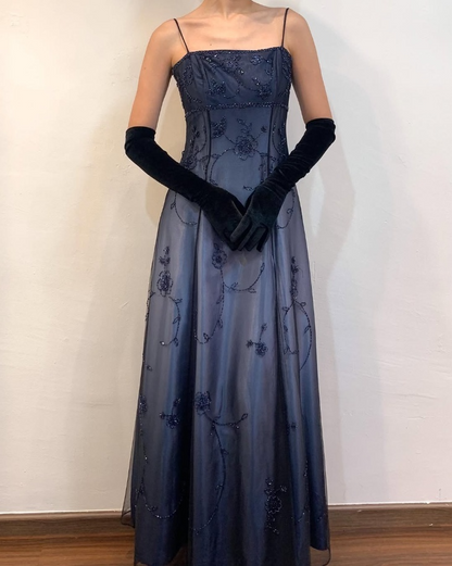 Dark Navy Spaghetti Straps A-Line Beading Long Prom Dress Vintage Party Dress, D693