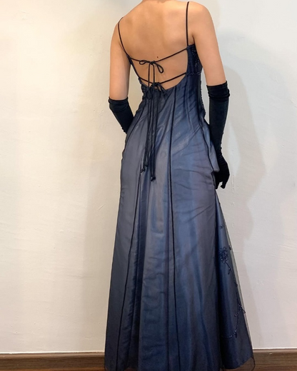 Dark Navy Spaghetti Straps A-Line Beading Long Prom Dress Vintage Party Dress, D693