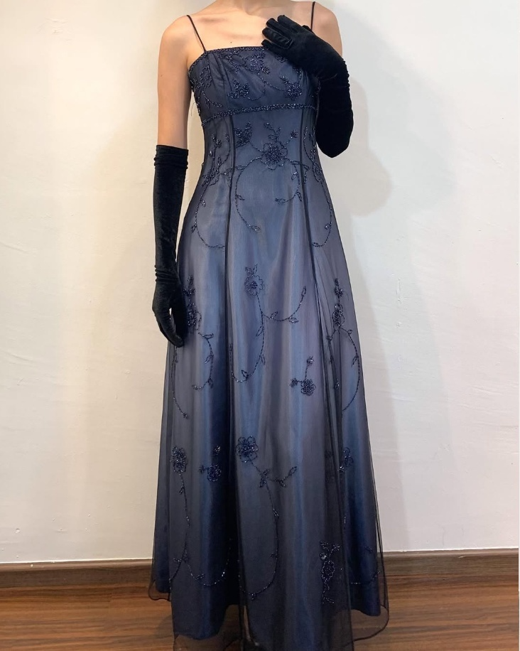 Dark Navy Spaghetti Straps A-Line Beading Long Prom Dress Vintage Party Dress, D693