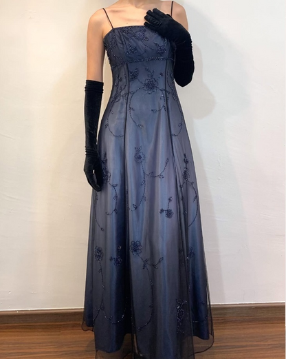 Dark Navy Spaghetti Straps A-Line Beading Long Prom Dress Vintage Party Dress, D693