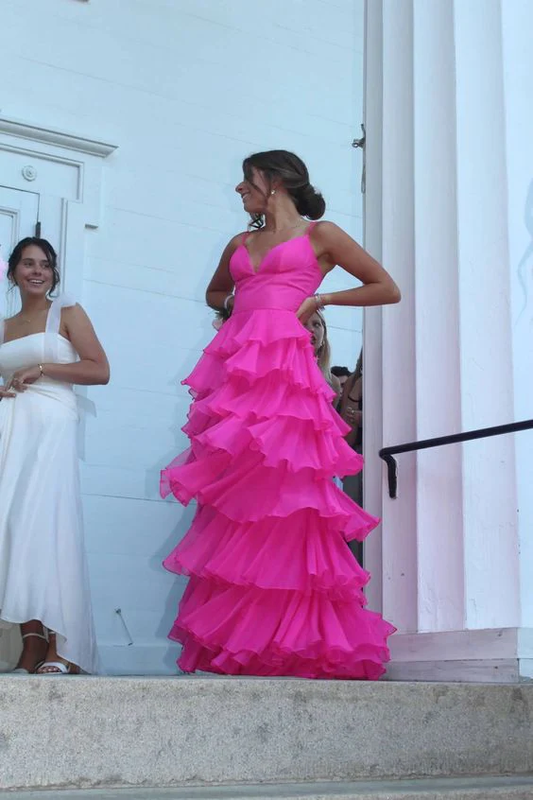 Hot Pink Straps A-Line Chiffon Layers Long Party Dress Formal Prom Dress, D695