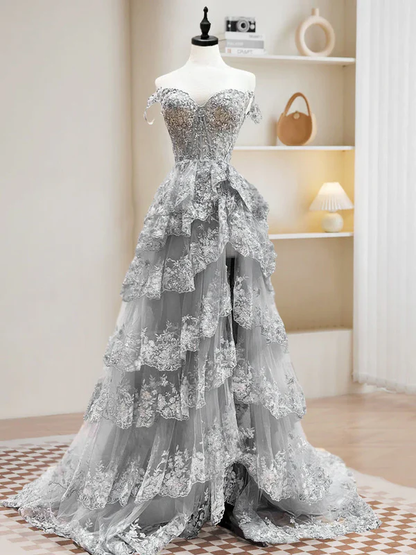 Dark Navy Off Shoulder A-Line Lace Tiered Long Party Dress Formal Prom Dress, D696
