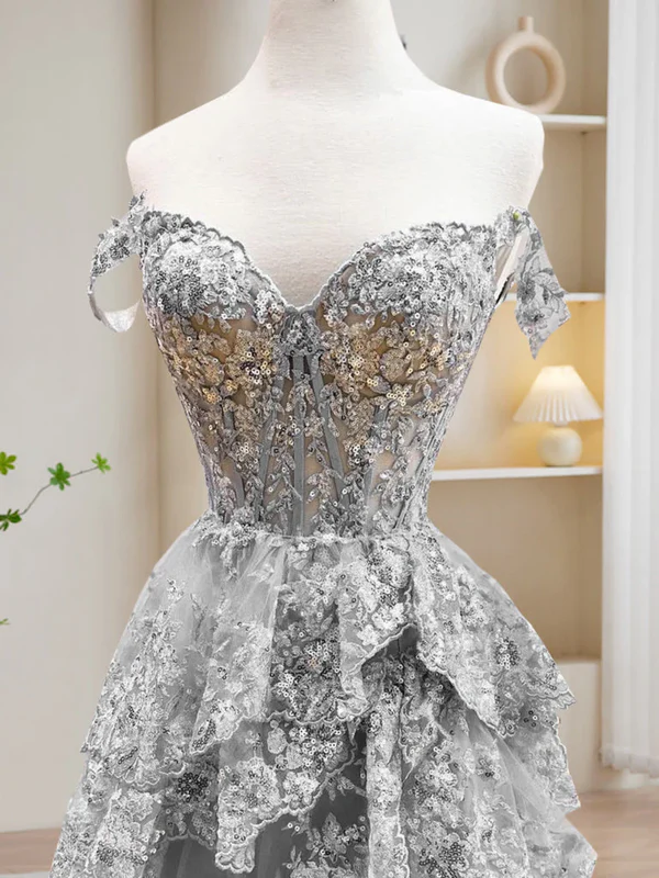 Dark Navy Off Shoulder A-Line Lace Tiered Long Party Dress Formal Prom Dress, D696