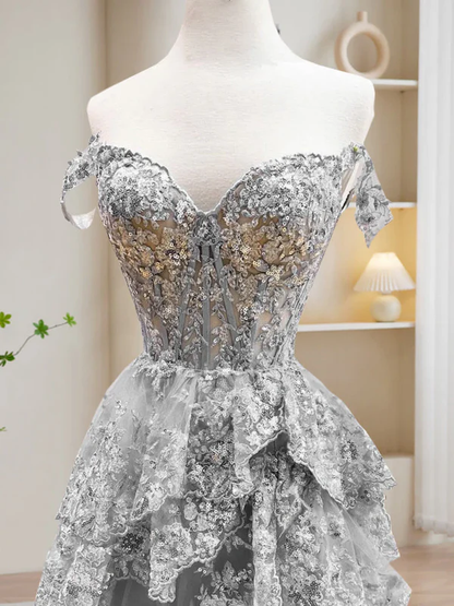 Dark Navy Off Shoulder A-Line Lace Tiered Long Party Dress Formal Prom Dress, D696