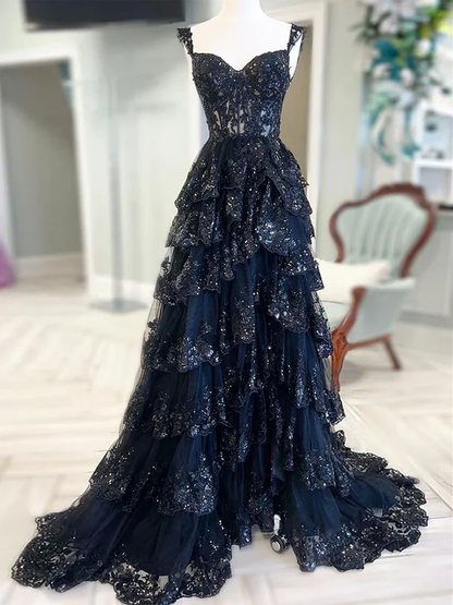 Dark Navy Off Shoulder A-Line Lace Tiered Long Party Dress Formal Prom Dress, D696