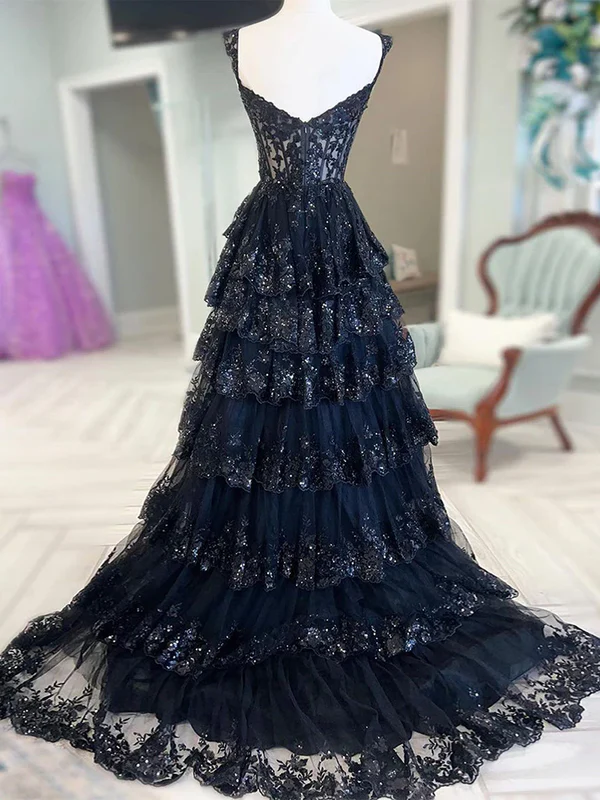 Dark Navy Off Shoulder A-Line Lace Tiered Long Party Dress Formal Prom Dress, D696