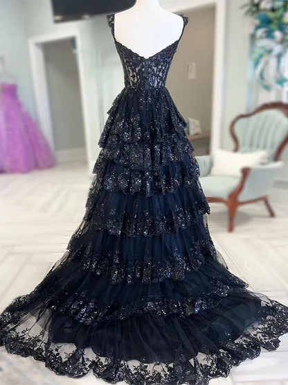 Dark Navy Off Shoulder A-Line Lace Tiered Long Party Dress Formal Prom Dress, D696