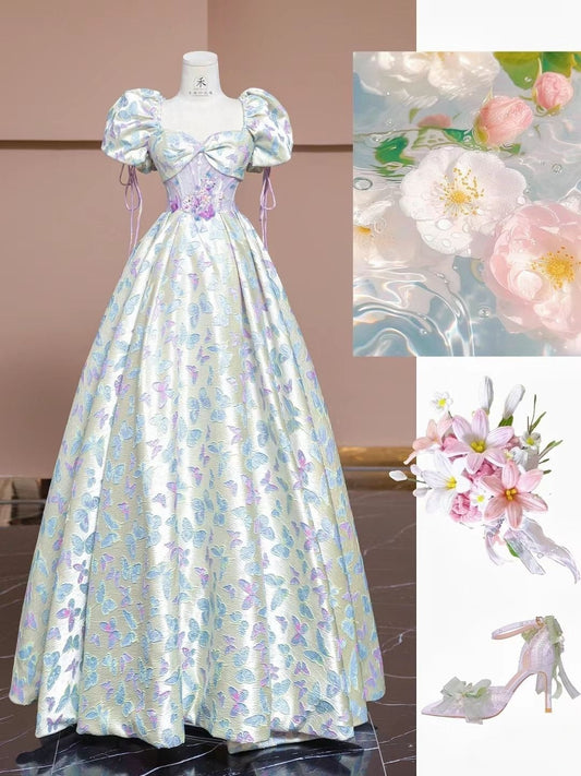 Lovely Puffy Sleeves A-Line Satin Butterfly Long Prom Dress Cute Birthday Dress, D707