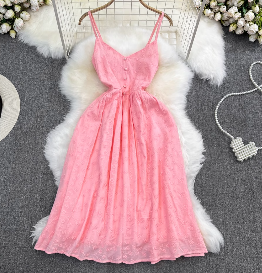 Holiday beach dress gentle retro V-neck waist slimming medium-length A-line embroidered dress R0336