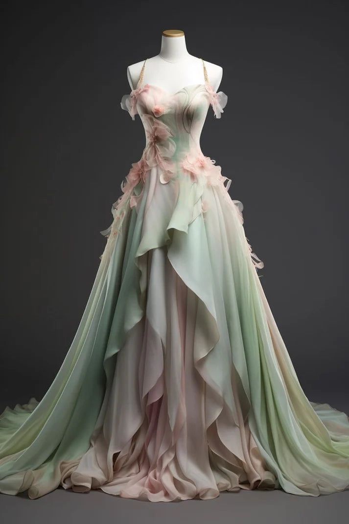 Sage Green Straps A-Line Chiffon Appliques Fairy Long Prom Dress Evening Gown, D711