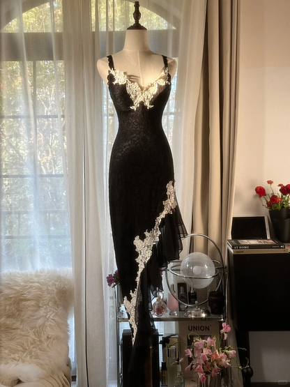 Sexy Black Straps Sheath Lace Long Evening Dress Vintage Party Dress, D726